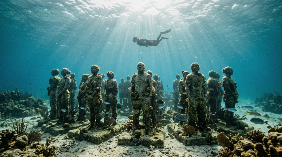 Underwater sculptures at the MUSA museum, a snorkel stop near the route of Cancun yacht rentals