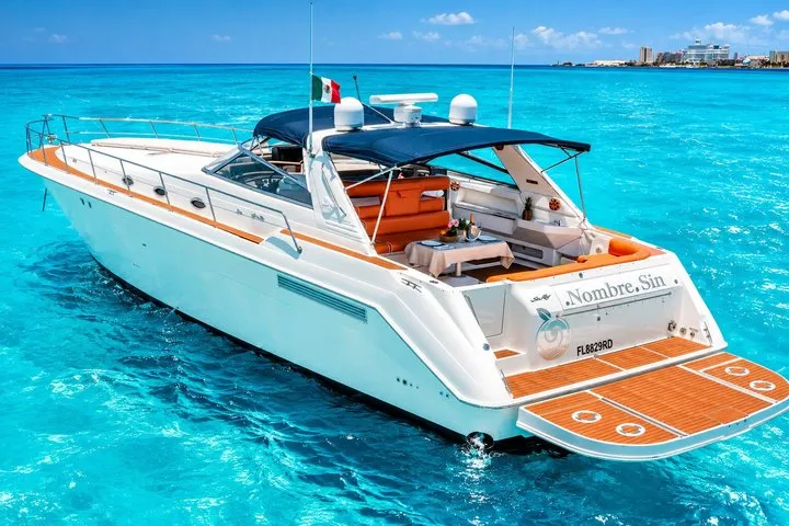 Private 55-foot luxury yacht on a Cancun yacht rental from Marina Puesta del Sol, Quintana Roo, Mexico