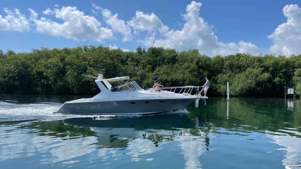 Private yacht on a Cancun yacht rental heading to Isla Mujeres, Quintana Roo, Mexico